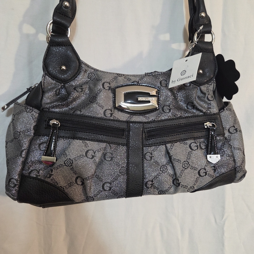 Gussaci Metallic Gray Black Silver Monogram Shoulder Bag with Black Trim NWT